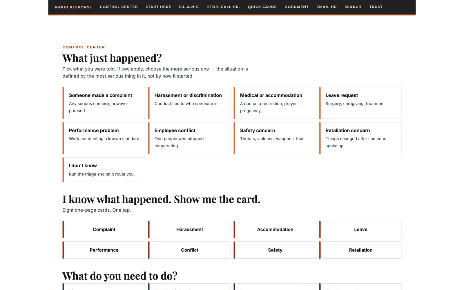 Emergency Kit control center listing the eight employee situations with Rapid Response, Quick Cards, and the documentation tools