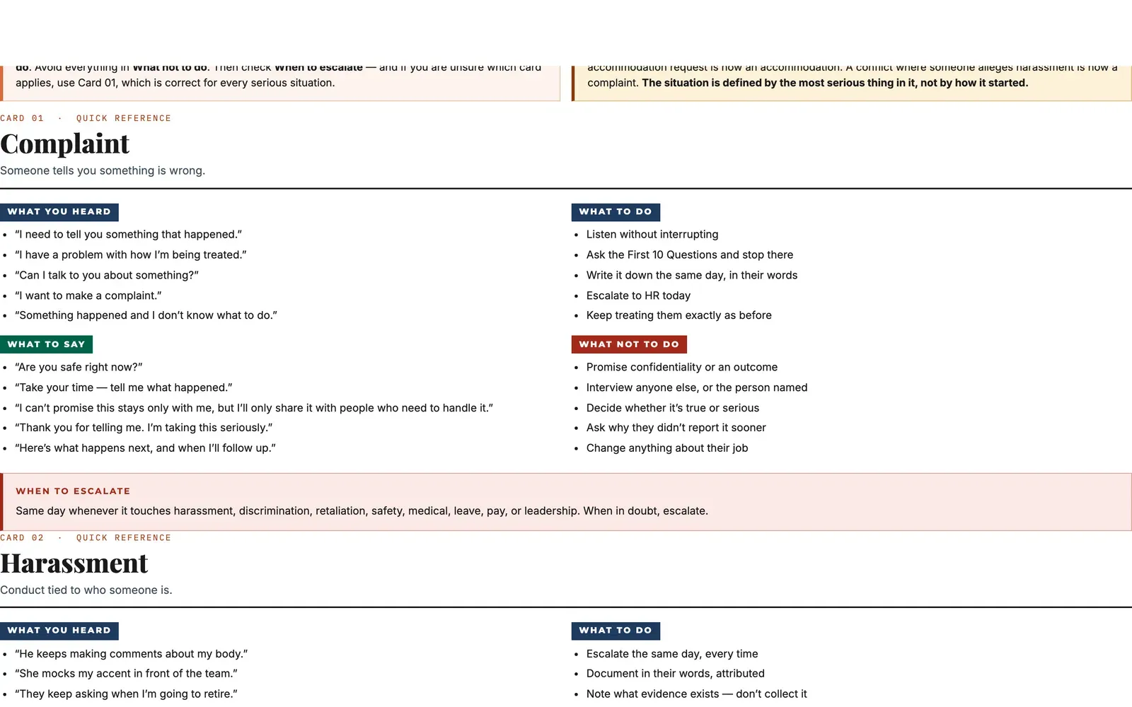 Printable desk pack view with the reference sheets a manager keeps at their desk