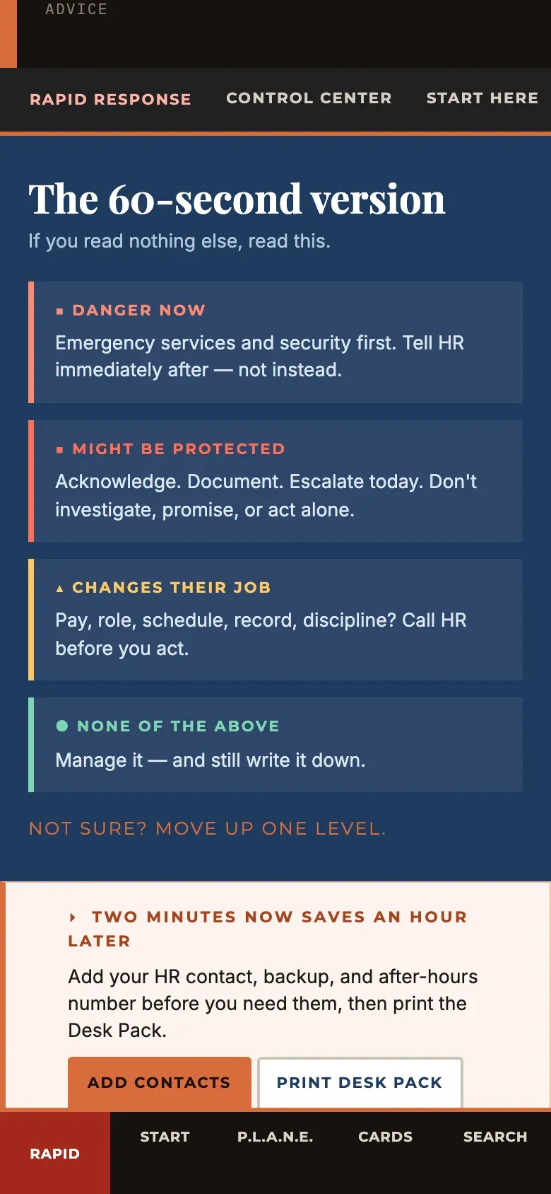 Rapid Response triage running on a phone, showing the same 60-second question flow managers use at a desk